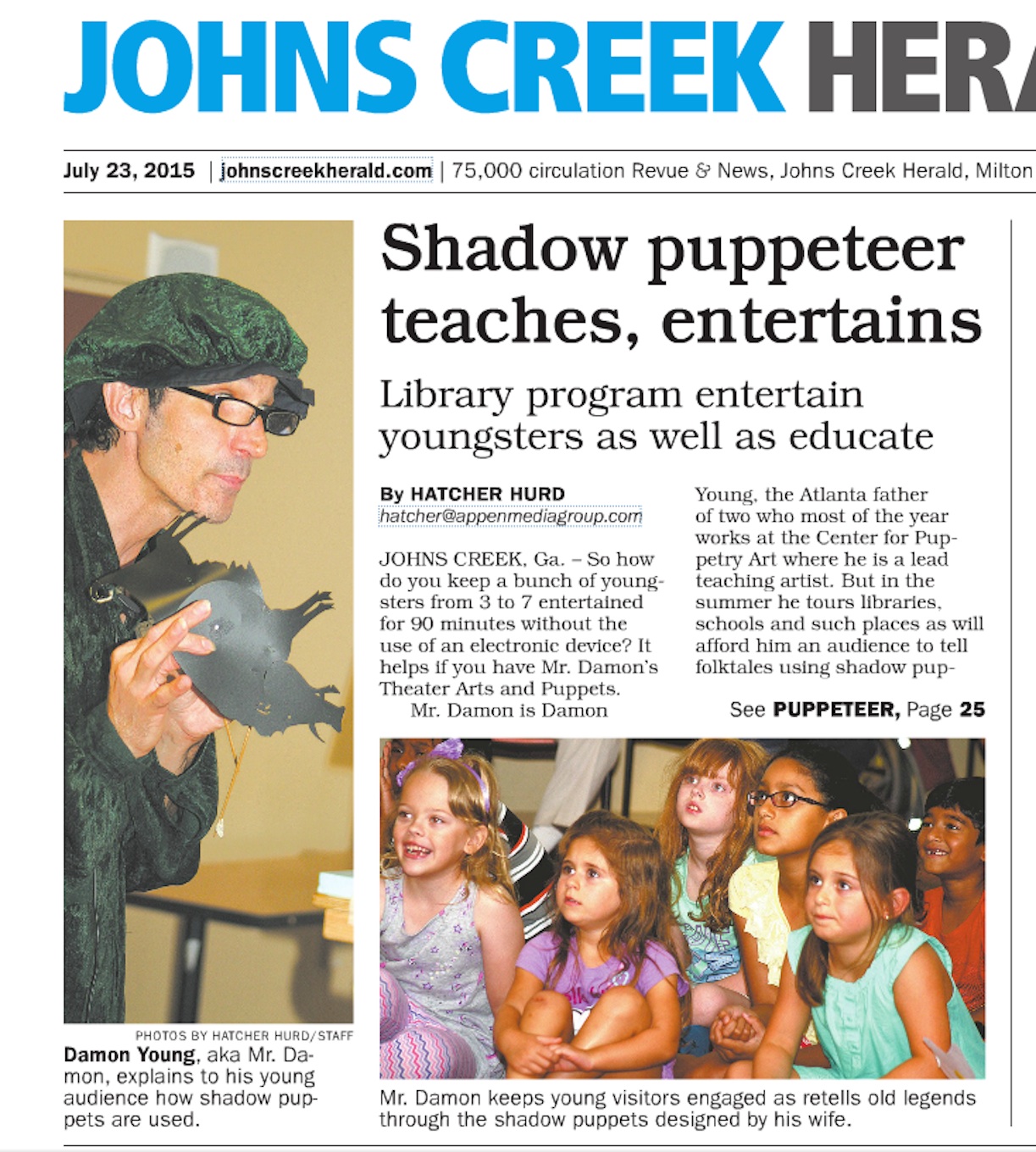 Johns Creek Herald front-page article: Shadow puppeteer teaches, entertains