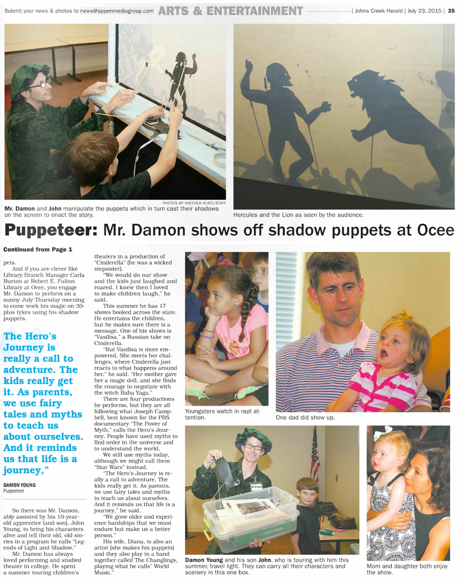 Johns Creek Herald Arts & Entertainment page featuring Mr. Damon's shadow puppets