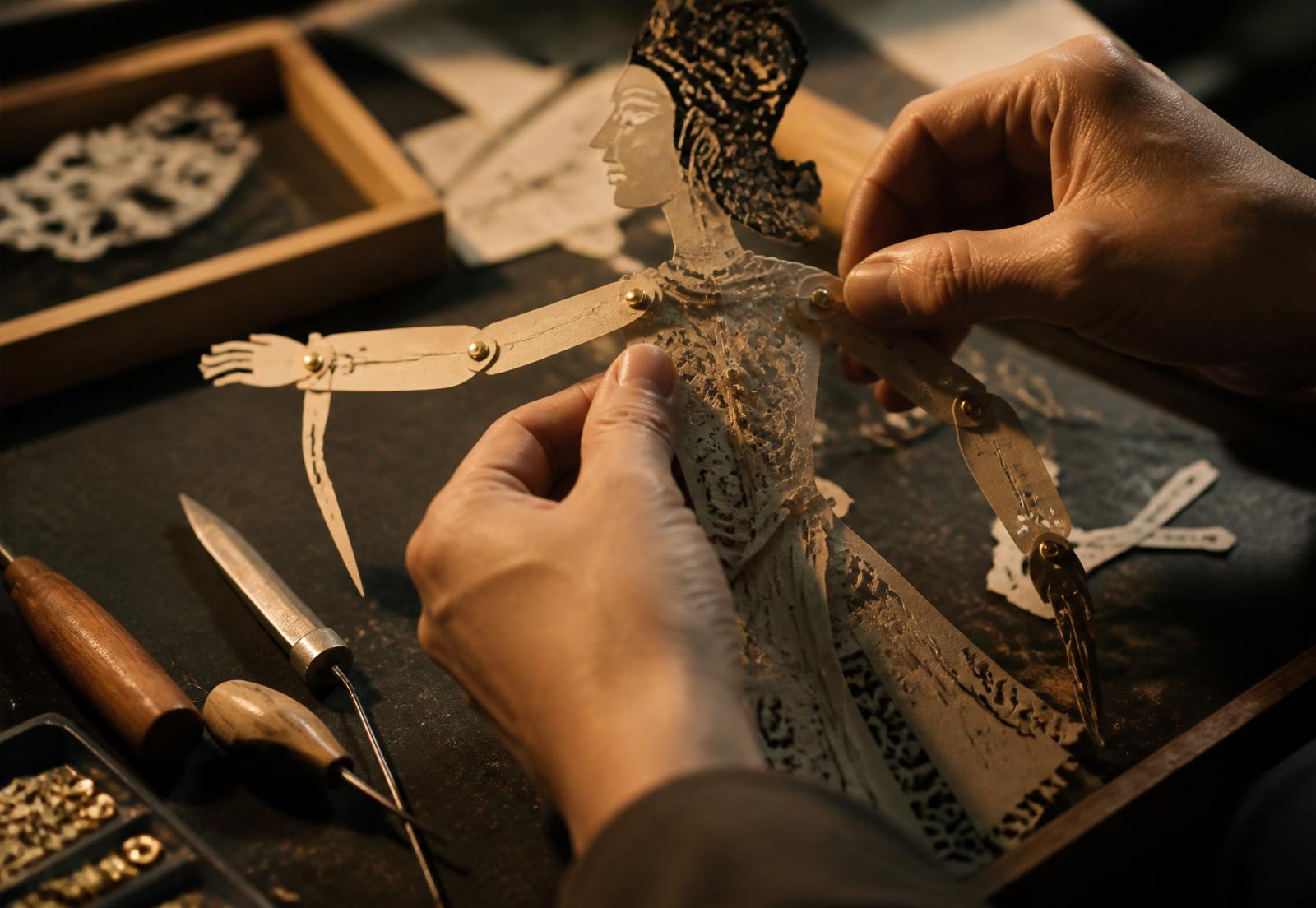 Hands assembling an intricate cut-paper shadow puppet